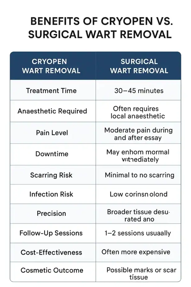 Table showing the benefits of cryopen to remove warts Ruislip compared to surgical treatment